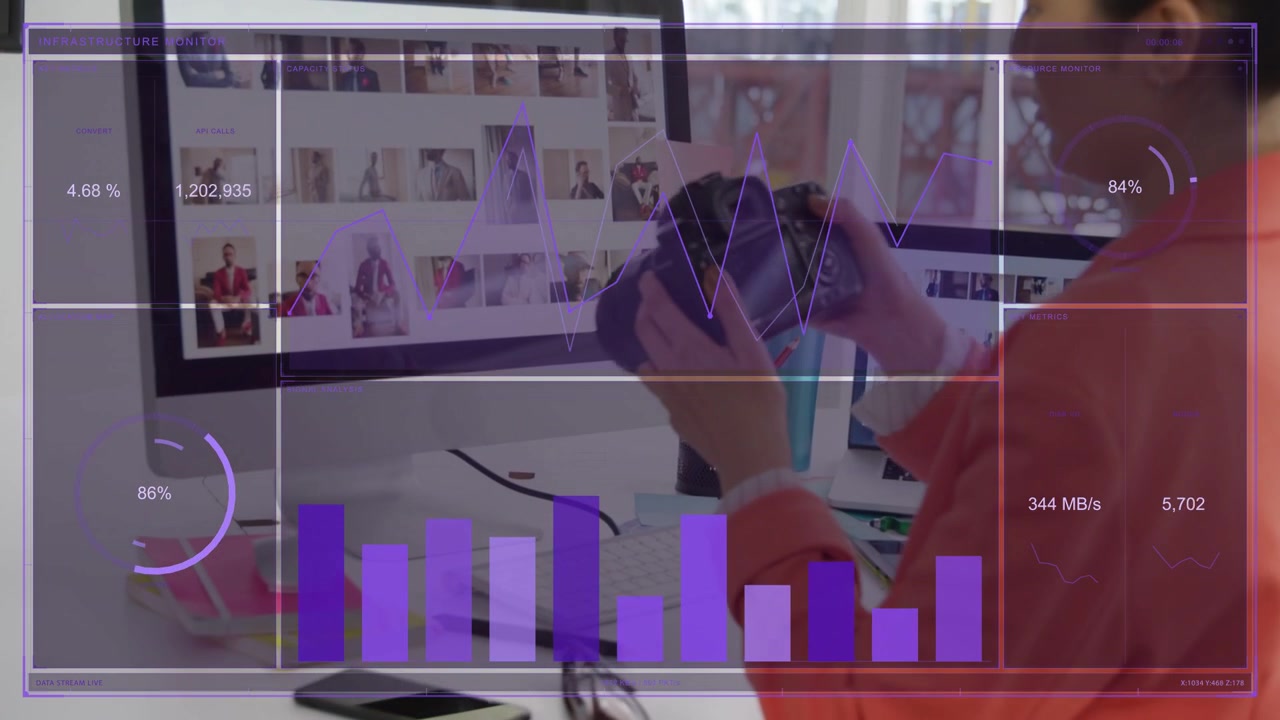 Woman sitting reviewing previews seeing purple overlay handling DSLR checking settings for creative