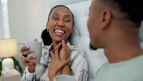 Happy,-holding-hands-and-a-black-couple-in-bed