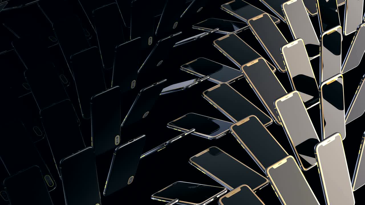 금색 버튼을 가진 스마트폰은 행으로 움직이고 회전합니다. 무한 루프. 전화의 추상적인 파동 움직임, 판매 할인 배경. 비싼 럭셔리 배경. 금과 검은색 패턴. 스크린 세이버.