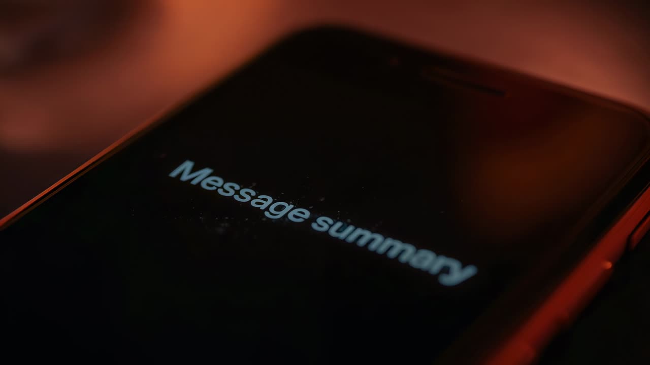 Displaying smartphone showing Message summary on dim table, with warm phone edge reflections