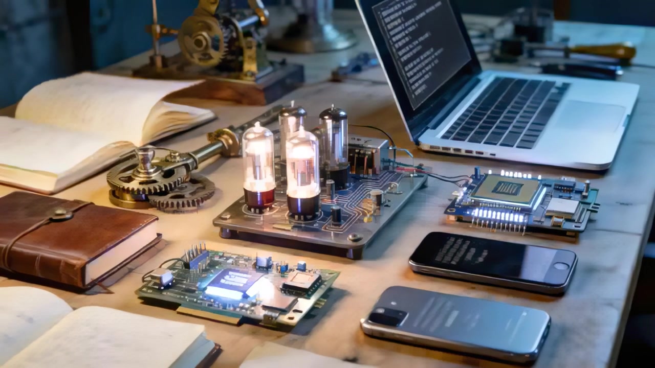 Power supply engaging, powering up vacuum tubes and PCBs on bench for testing, laptop showing code