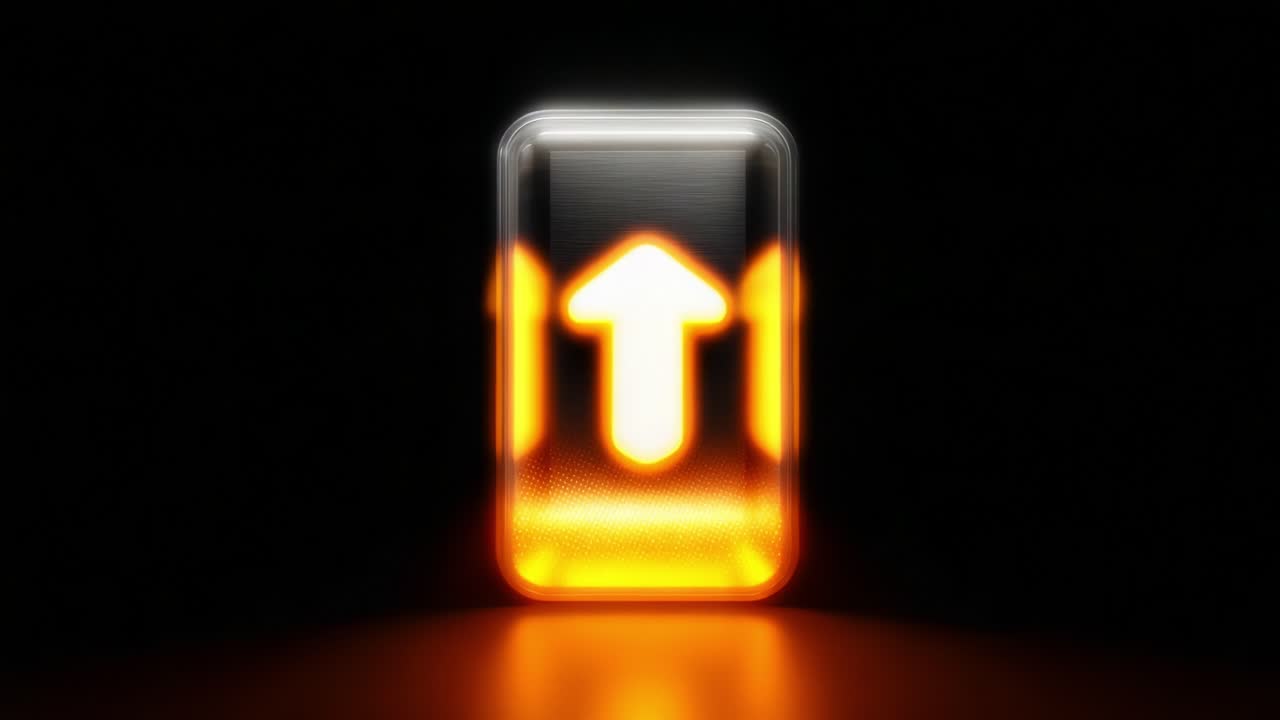 A visually striking representation of an illuminated upward arrow symbol, set against a dark background, showcasing modern design elements with a sleek finish and glowing orange accents