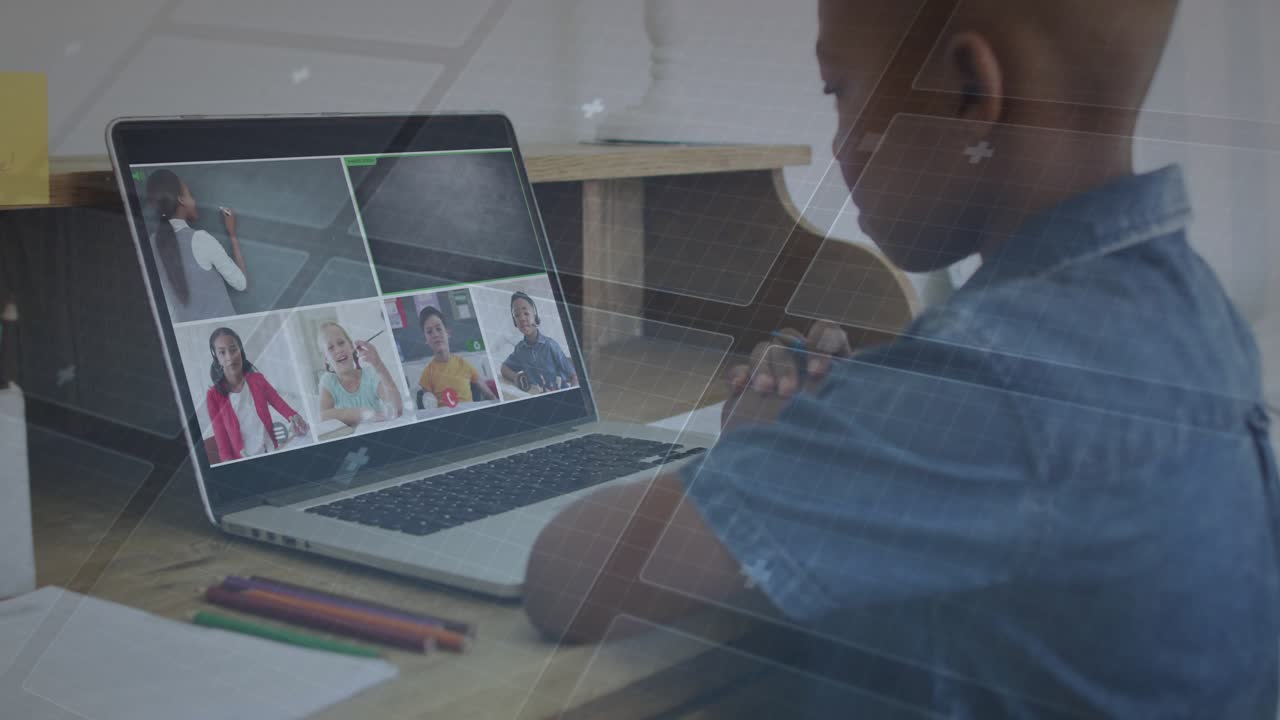 Boy viewing education call on laptop teacher writing prompt sparking preparing to ask via overlays