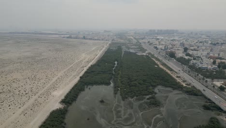 Luftflug-über-Grünflächen-Mit-Panoramablick-Auf-Dammam,-Saudi-Arabien