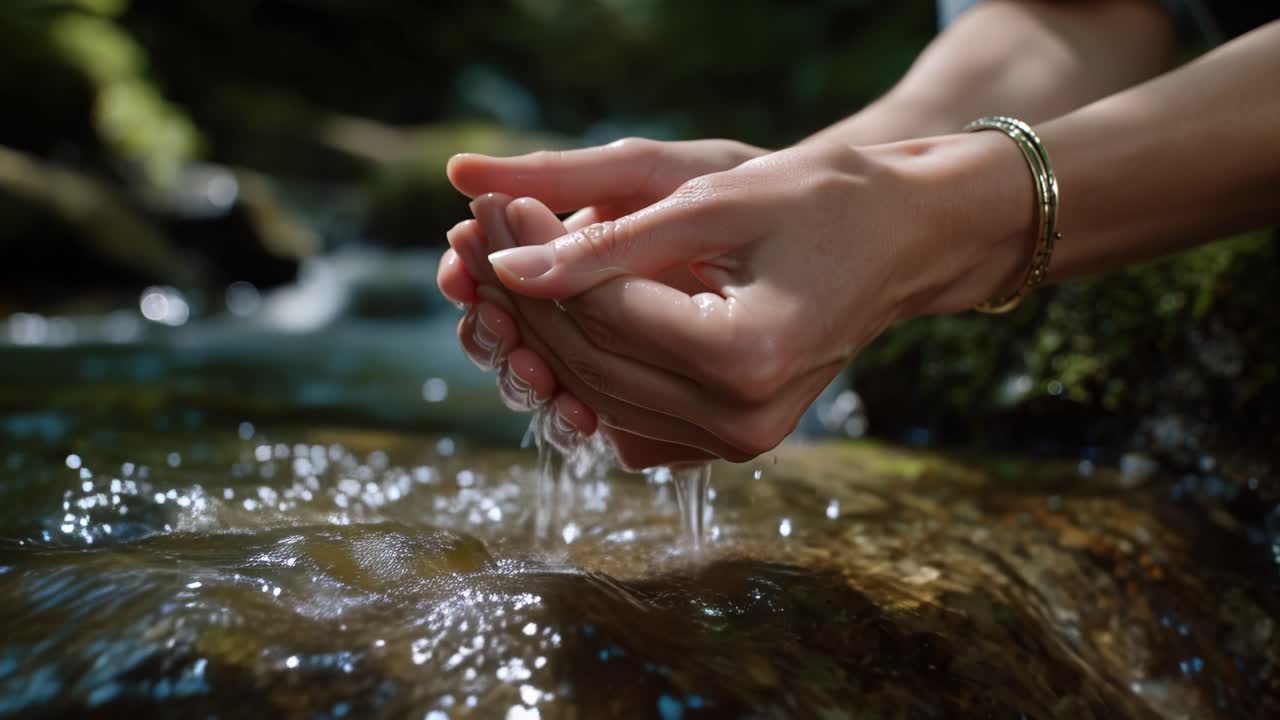 Gentle Hands Collecting Water from a Stream, Emphasizing the Serenity and Beauty of Nature's Crystal Clear Flow, Nourishing the Soul and the Earth