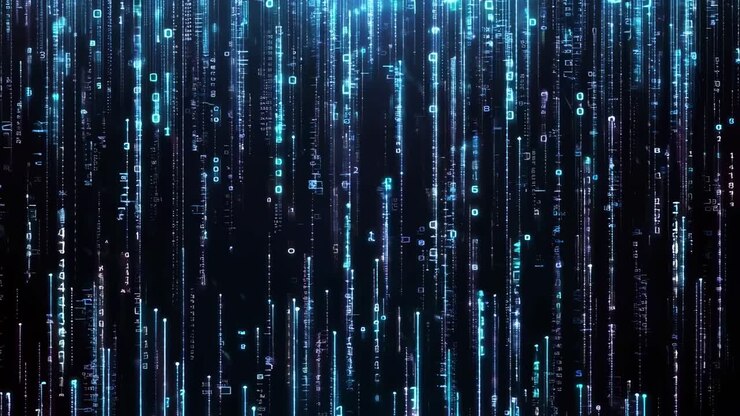 Aerial view of digital rain with glowing binary code, reminiscent of a futuristic video interface