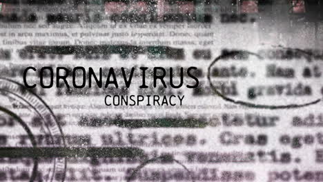 animation of words coronavirus conspiracy with newspaper pages over people walking on street