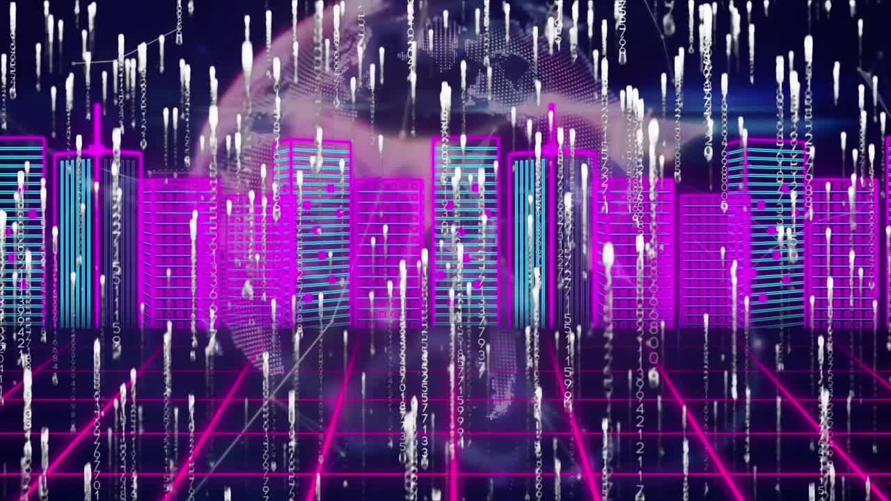 Digital animation of light trails over neon cityscape against grid network on black background