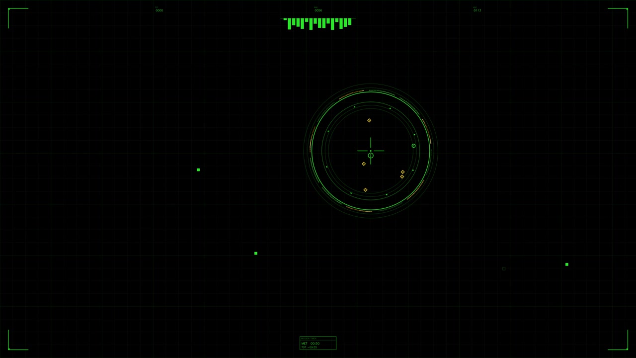 A military heads up display designed for science fiction or war videos. The display features a circular tracking interface with a grid background and measurement indicators