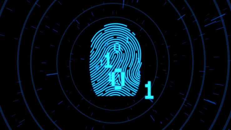 Animation of binary coding and data processing and fingerprint over dark background