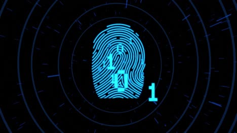 animation of binary coding and data processing and fingerprint over dark background