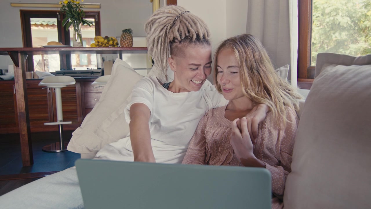 Two Women Relaxing on Sofa and Using Laptop Together