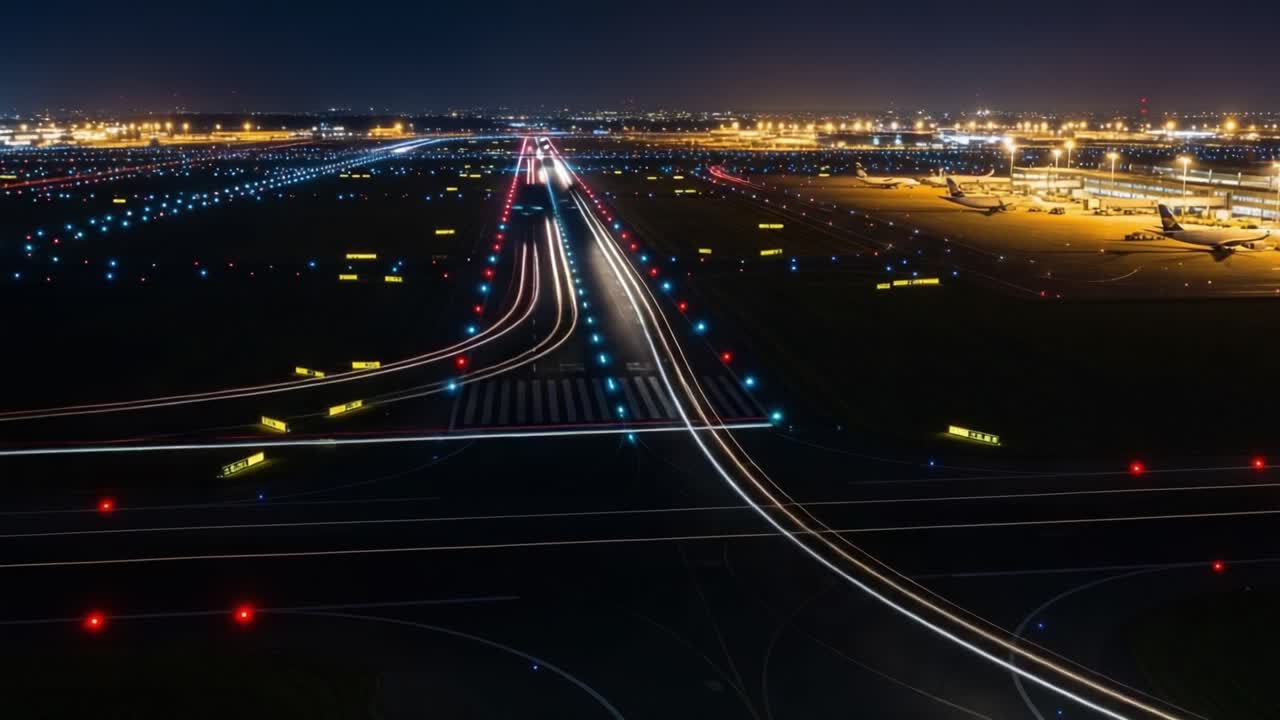 A Breathtaking View of an Illuminated Airport Runway at Night, Showcasing the Lively Activity of Air Traffic and Ground Operations Under a Starry Sky