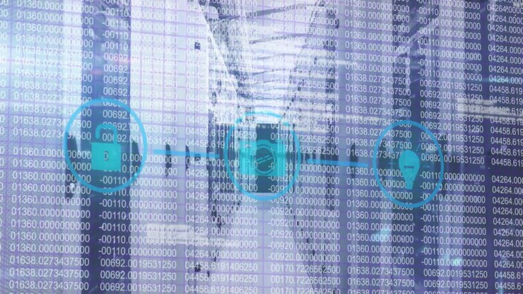Network of digital icons against server room