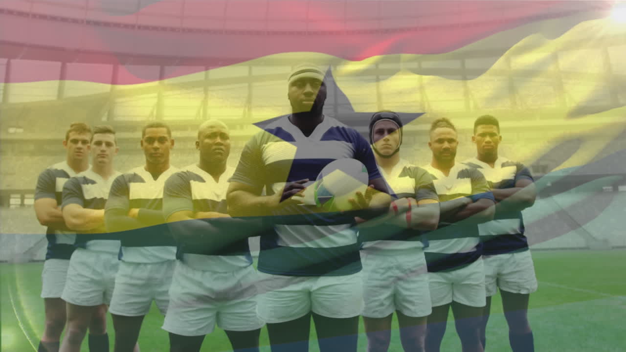 Animazione di bandiera ghanese che sventola su squadra di rugby multietnica in fila