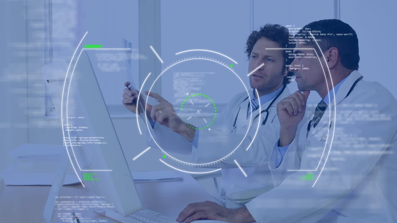 Animation of scope scanning and data processing over diverse male doctors