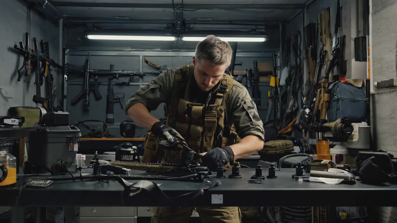 Man repairing guns in workshop