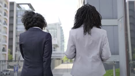 Back-view-of-businesswomen-walking-on-street