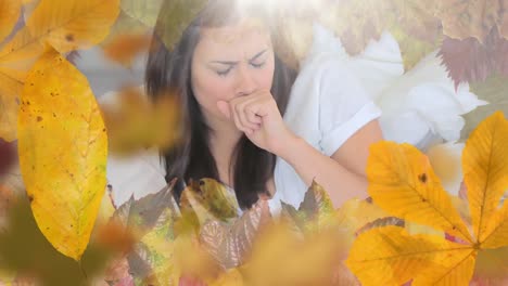 frame of leaves and woman suffering from allergy sneezing 4k