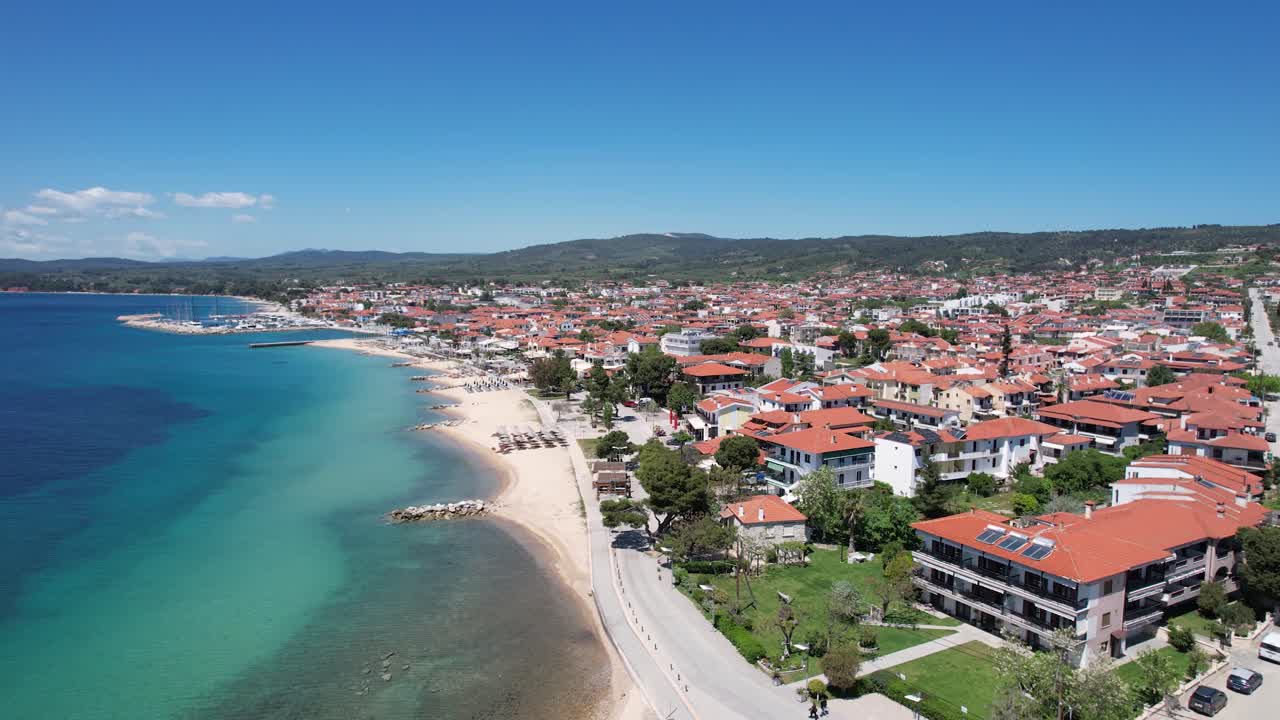 Nikiti Beach in Halkidiki Greece, Aerial Panoramic View of Crystal Clear Waters and Seaside Village, Summer Destination