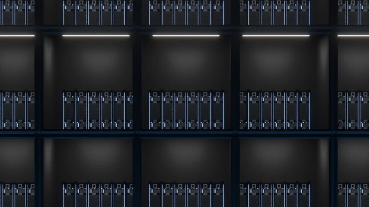 Animation of lights flickering on servers in server room