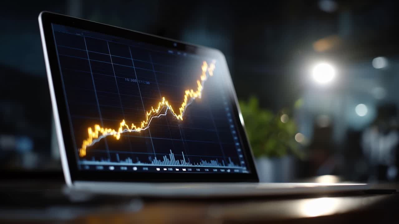 Primo Piano di un Laptop che Mostra un Trend Positivo nei Grafici Finanziari, Rivelando Analisi Dati e Approfondimenti sulla Crescita del Mercato in un Ambiente d'Ufficio Moderno