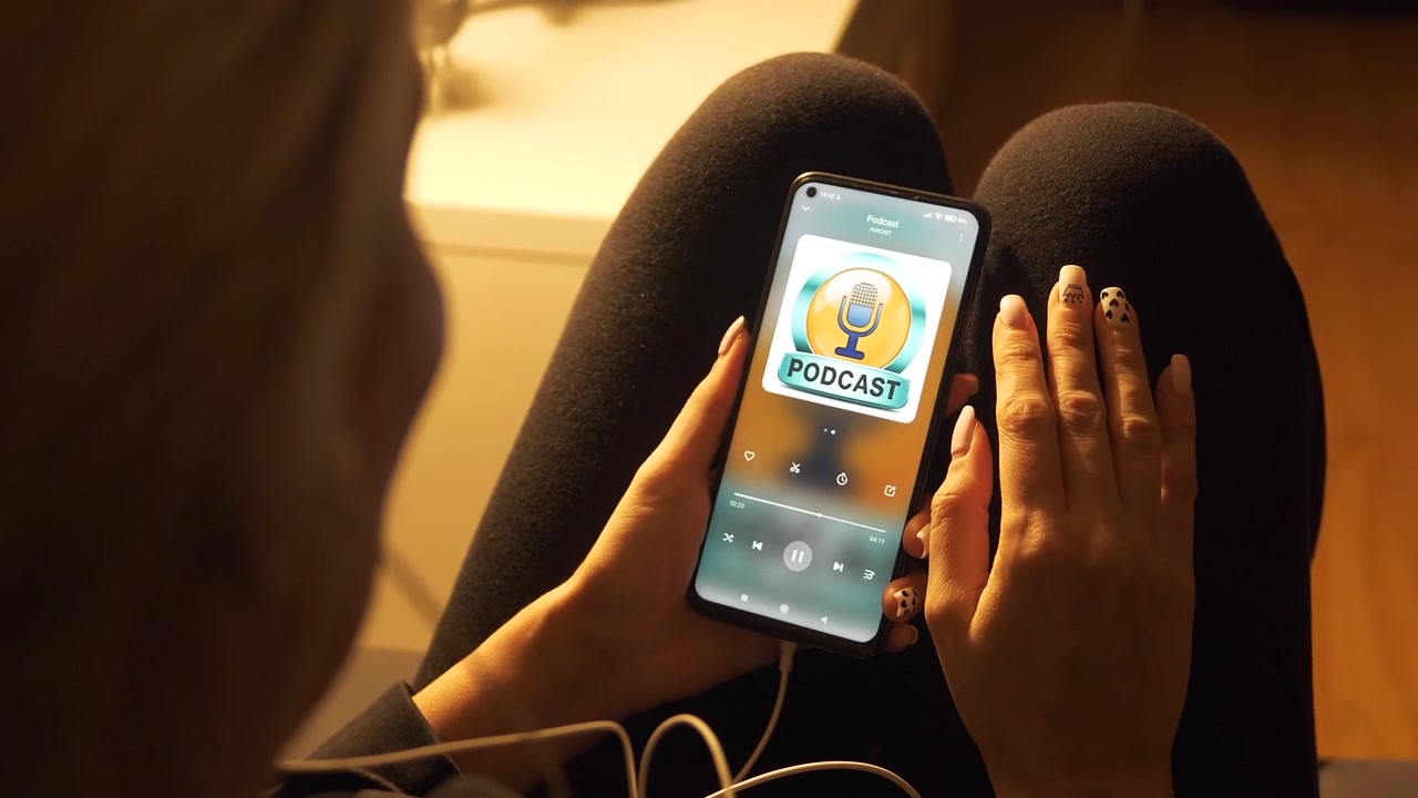 Woman Using Podcast App on Smartphone