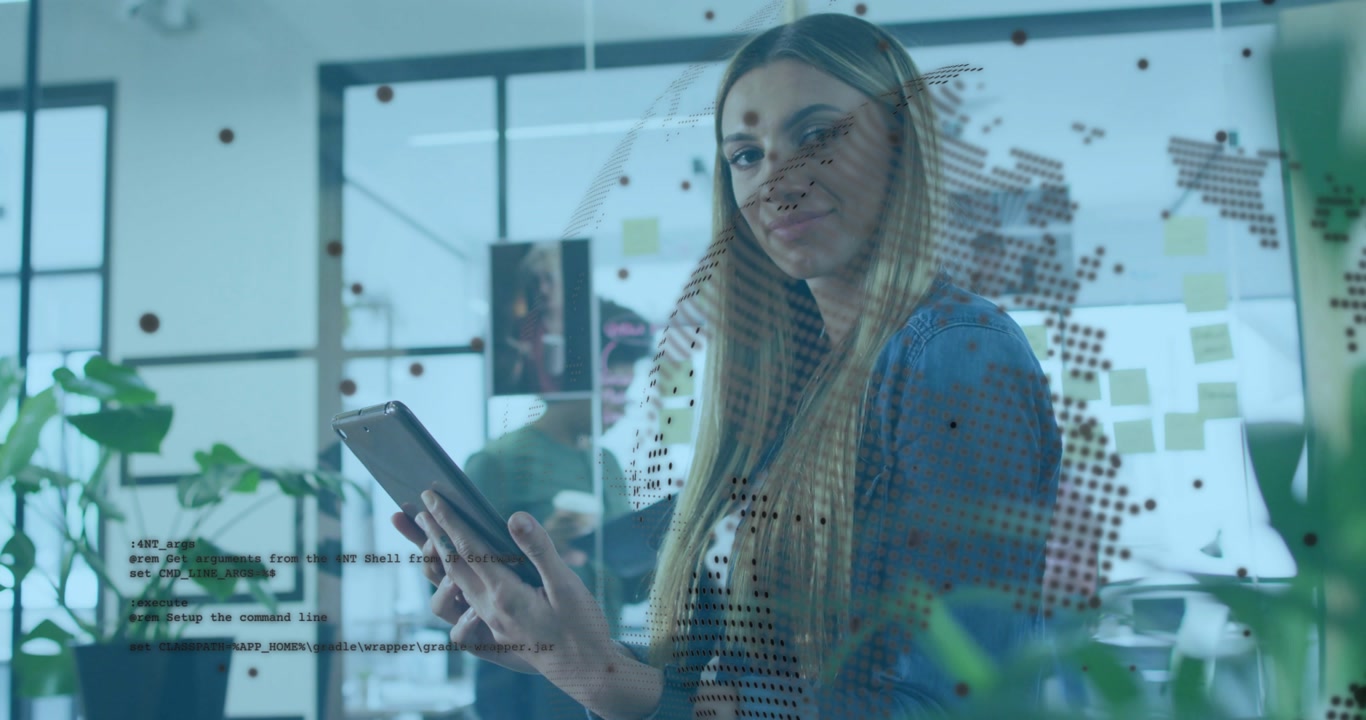Woman tapping tablet, activating dotted world-map overlay in business, analyzing global trends