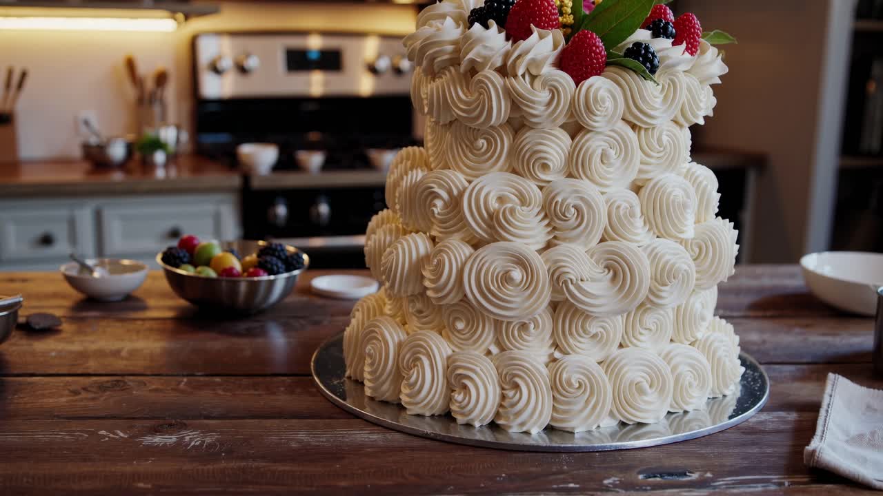 Inquadratura video ravvicinata di una cucina rustica che mostra una torta a tre piani con intricati riccioli di glassa.