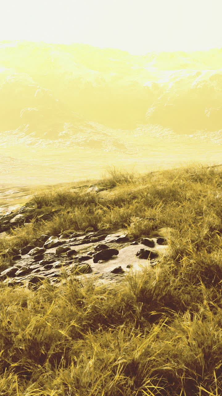 Golden landscape under the sun highlights rugged terrain and hills