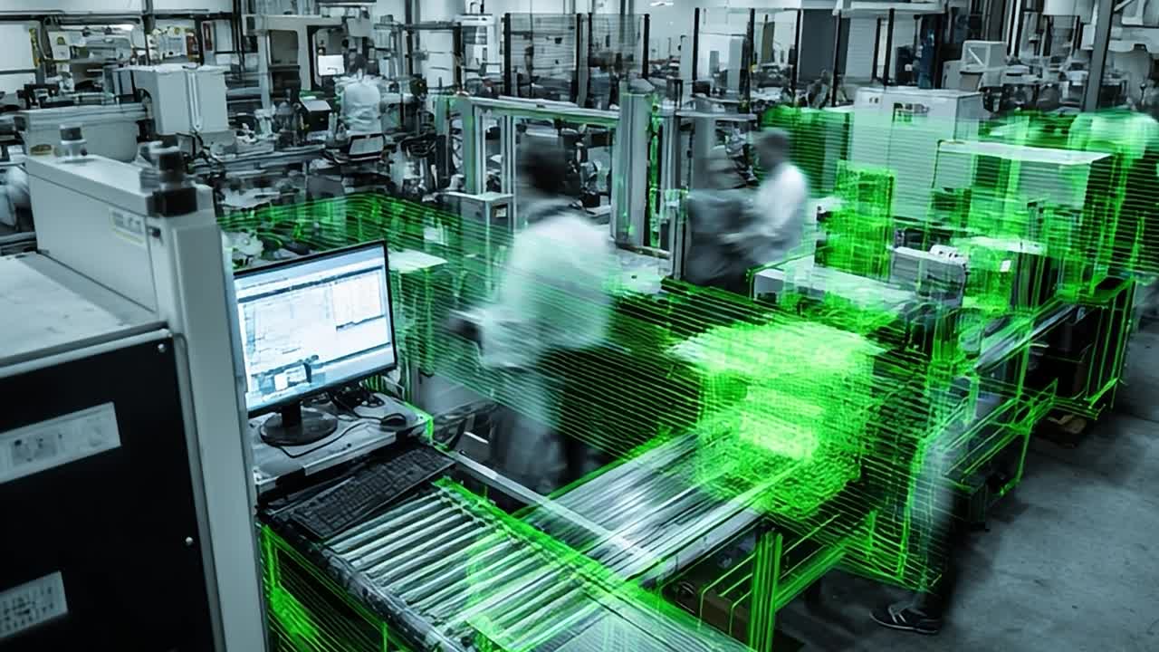 Factory floor showcasing automated assembly process and smart technology