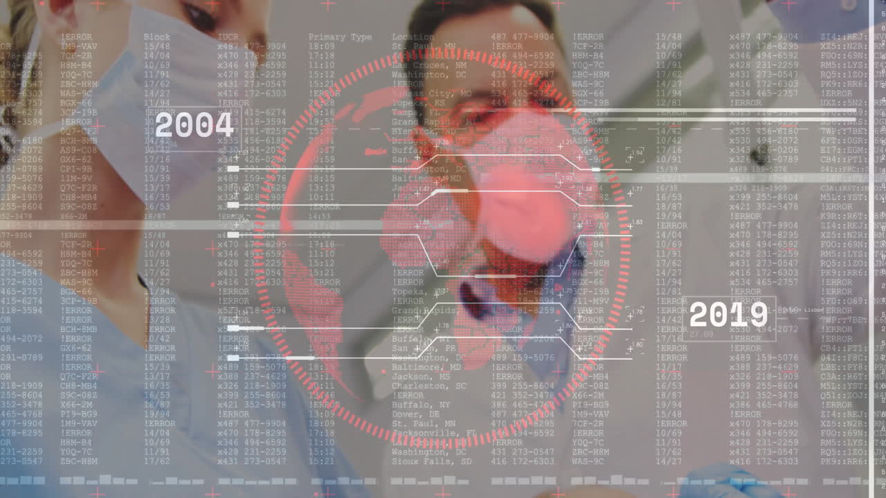 Médico y enfermera con mascarillas atendiendo a un paciente infantil en la clínica, con códigos y un HUD de mapa mundial.