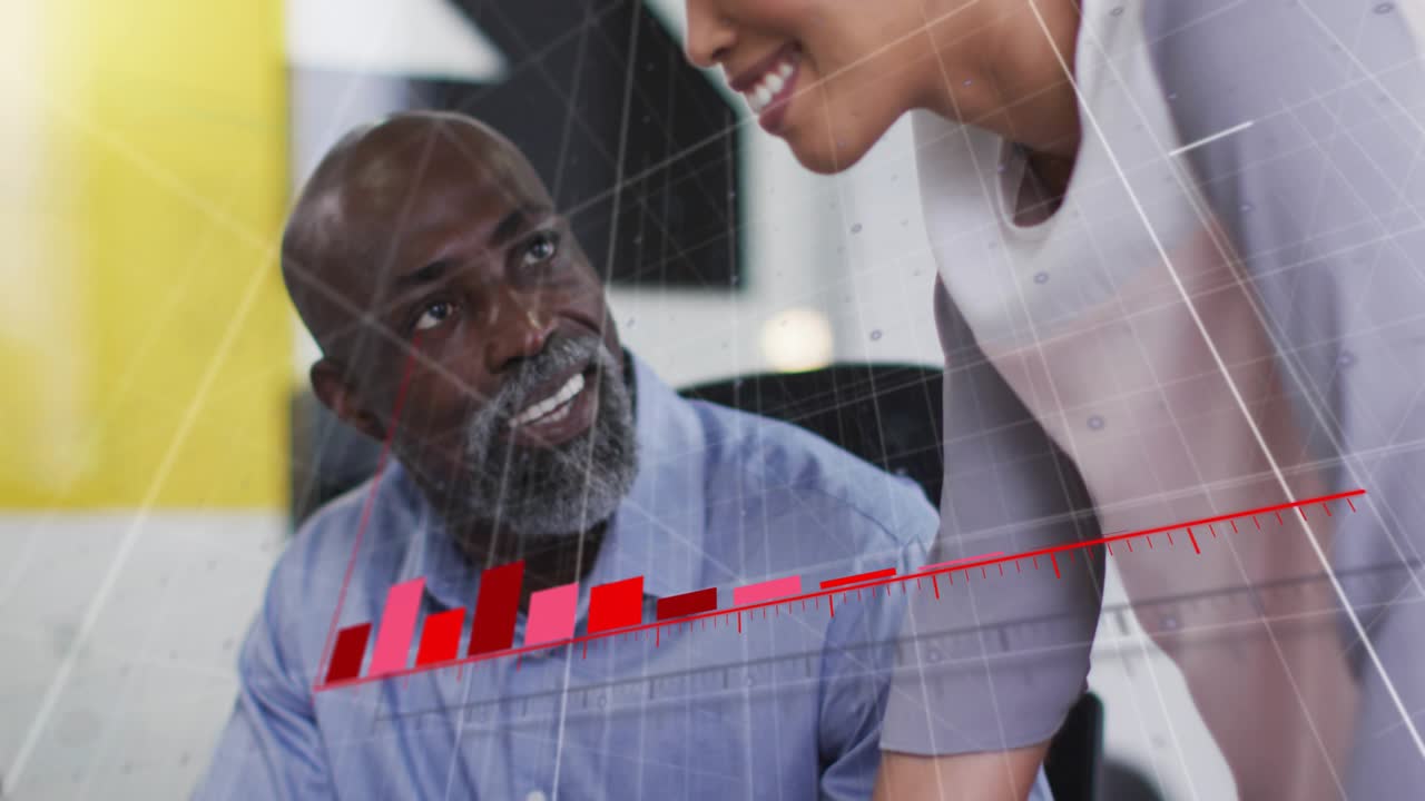 Man typing and gesturing while woman reviewing charts, rising red bar chart guiding business chat