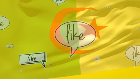 animation of flag of algeria blowing over floating text like, in floating speech bubbles