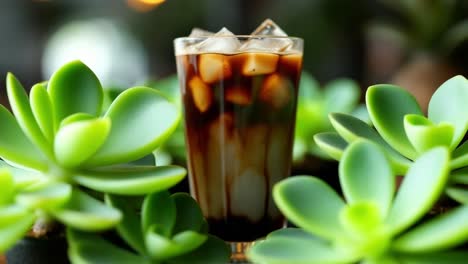 refreshing iced coffee mixing with milk in a transparent glass, placed on a wooden table, creating a visually appealing beverage