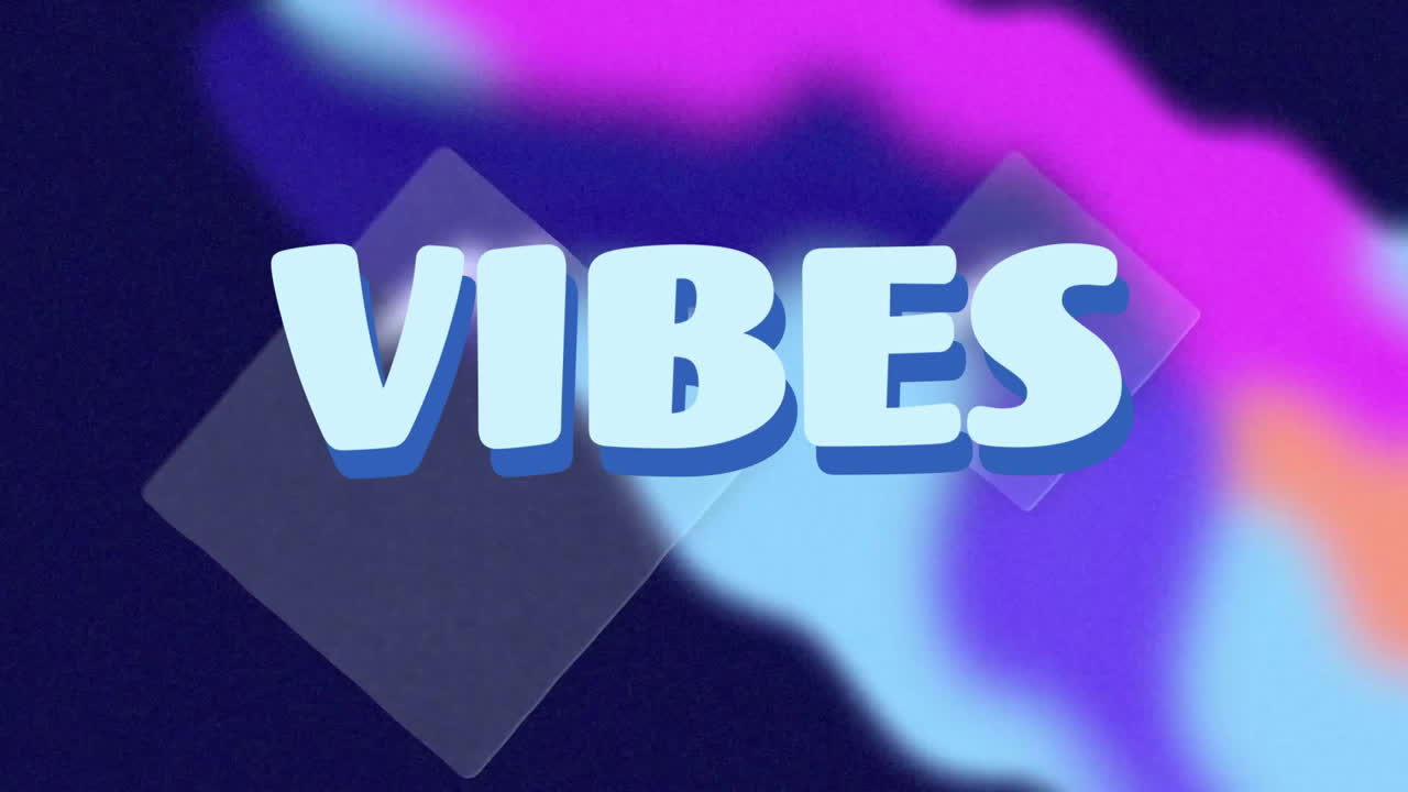 VIBES text animation over colorful abstract shapes on dark background
