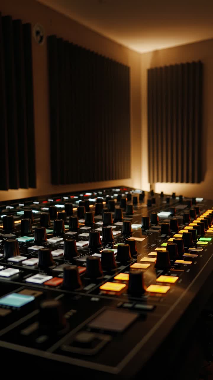 Low-angle shot of a dimly lit audio mixing console with colorful buttons, creating a moody