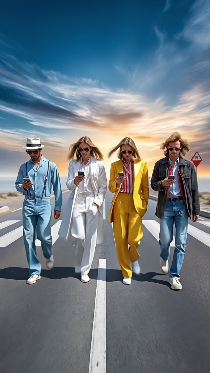 Gruppo di amici diversi e alla moda che attraversano una strada su una litoranea durante l'ora d'oro.