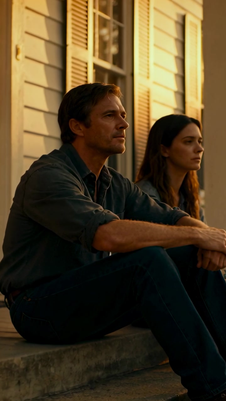 Vertical video: Sitting couple in casual clothes on porch steps, golden light making man look up