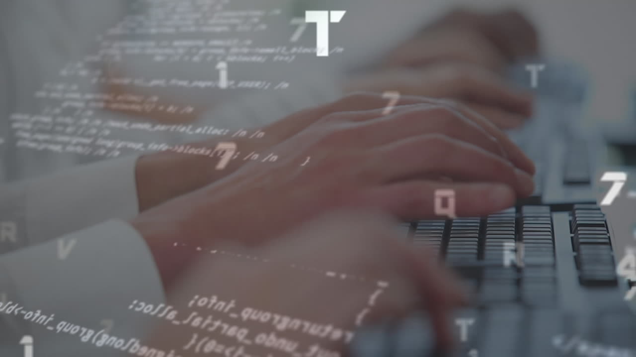 키보드에 입력하는 사람에 대해 여러 번 변하는 숫자와 알파 ⁇ 의 디지털 애니메이션