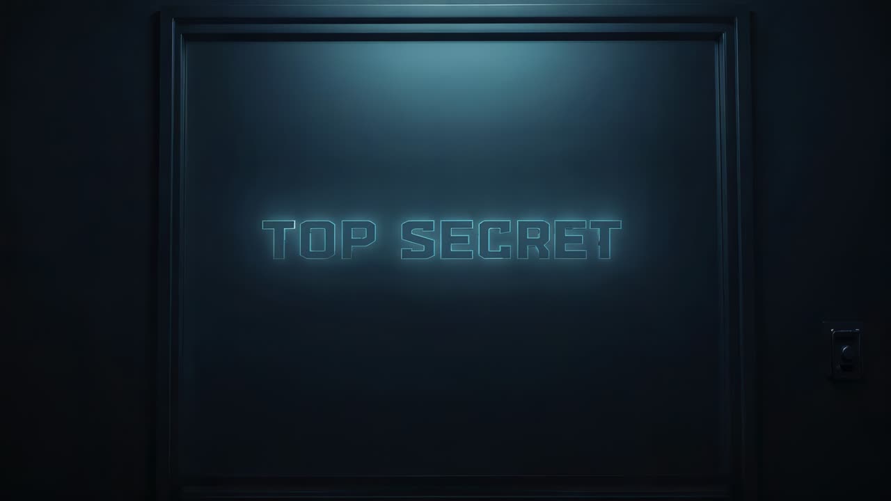 Lamp brightening, framed door showing pulsing TOP SECRET label in locked hall, handle visible