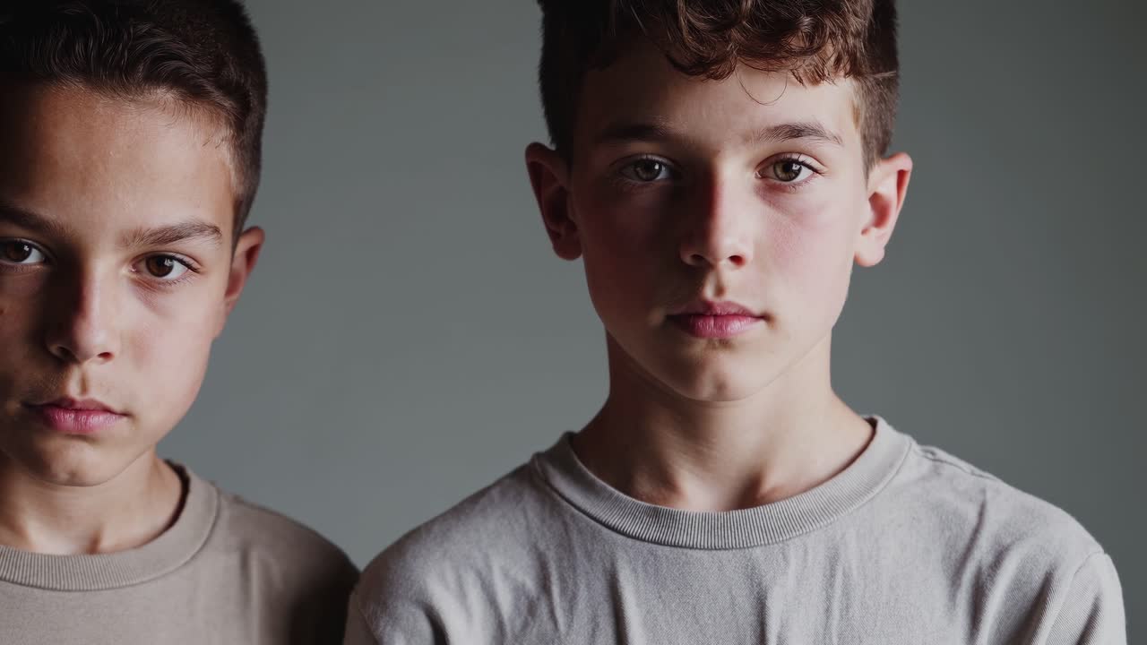 Two young brothers with serious expressions stand side by side against a gray backdrop, creating a poignant portrait that captures childhood emotions and sibling connection