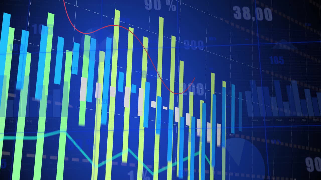 Financial data chart animation with bar graphs and line graphs over blue background