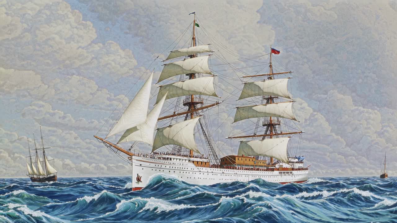A vintage maritime scene with a majestic sailing ship on turbulent seas