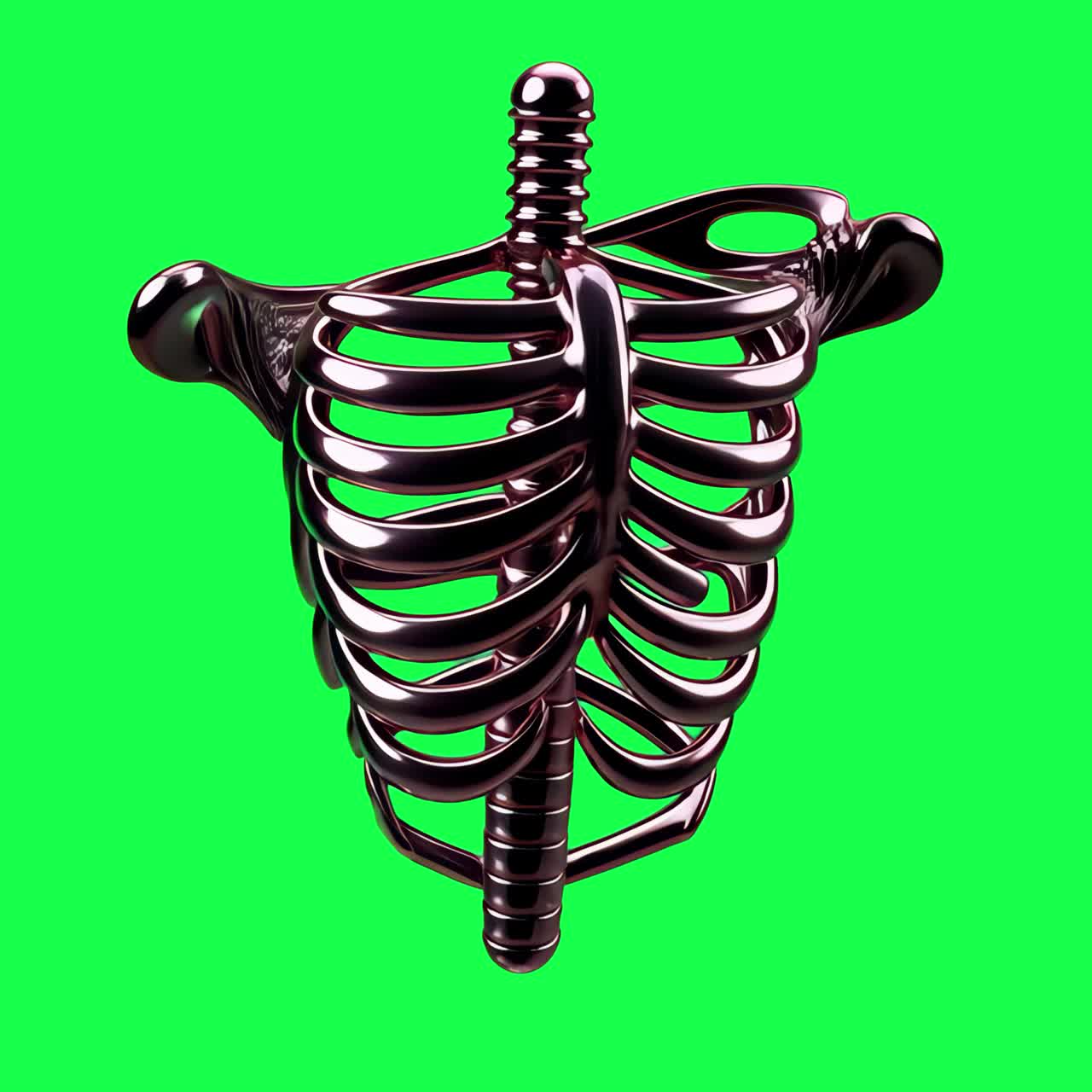 Futuristic metallic ribcage design animation, transparent 4K video, green screen