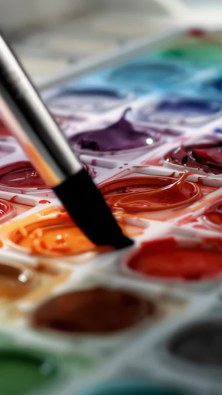 Video verticale: pennello intinto in una vaschetta arancione su una palette di colori ad acqua da studio, che forma una goccia