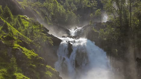 Latefossen-is-one-of-the-most-visited-waterfalls-in-Norway-and-is-located-near-Skare-and-Odda-in-the-region-Hordaland,-Norway.-Consists-of-two-separate-streams-flowing-down-from-the-lake-Lotevatnet.