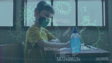 Animation-of-covid-19-icons-and-numbers-changing-over-schoolboy-in-face-mask-using-hand-sanitizer