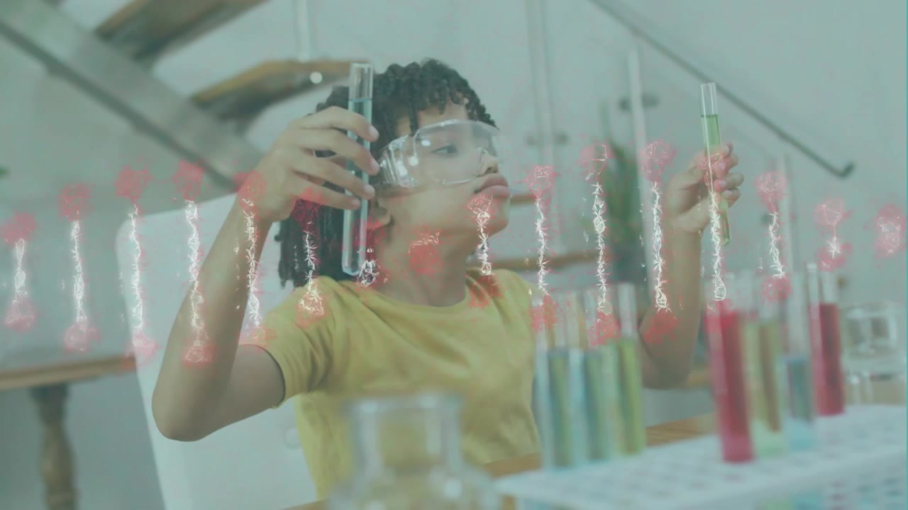 Goggled kid at desk reaching rack lifting tubes comparing liquids for science pink spiral crossing