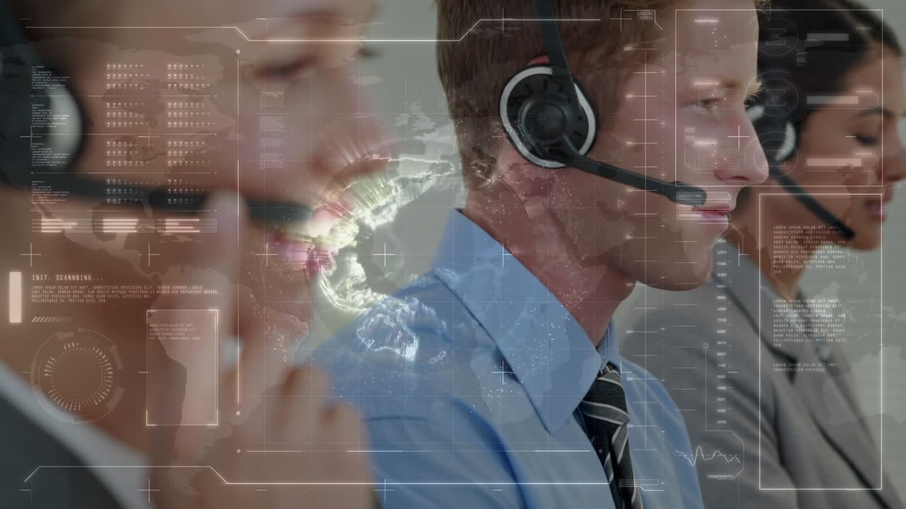 animación de la interfaz digital sobre personas de negocios que usan auriculares telefónicos